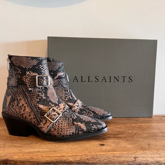 NEW Allsaints Snakeskin Print Leather Booties Pointed Toe Boho - Picture 3 of 10